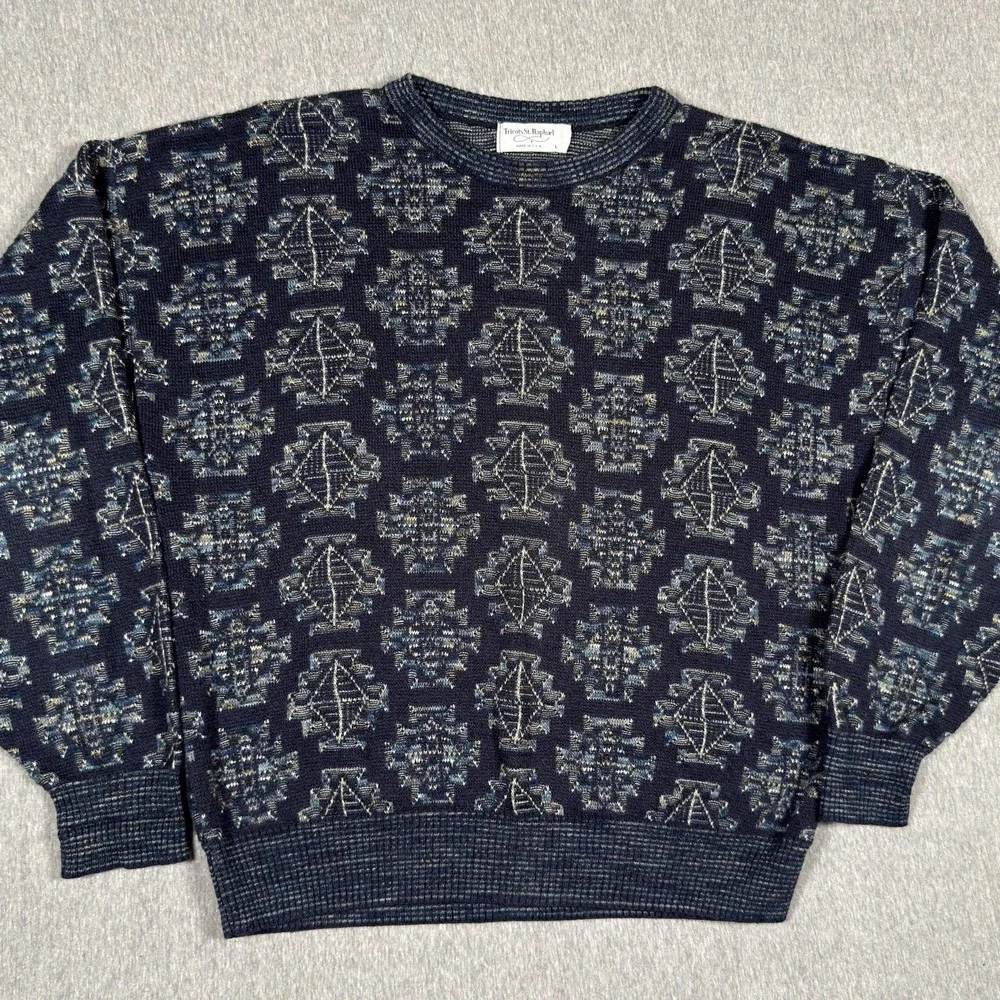 Vintage Tricots St Raphael Wool Sweater Mens Large Geometric 3D Knit Made In USA